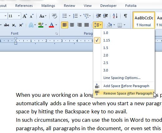 how to remove paragraph spacing in word 2010