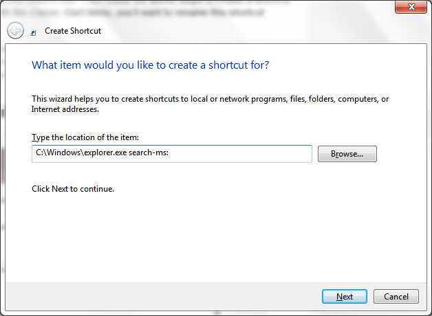 create shortcut dialog