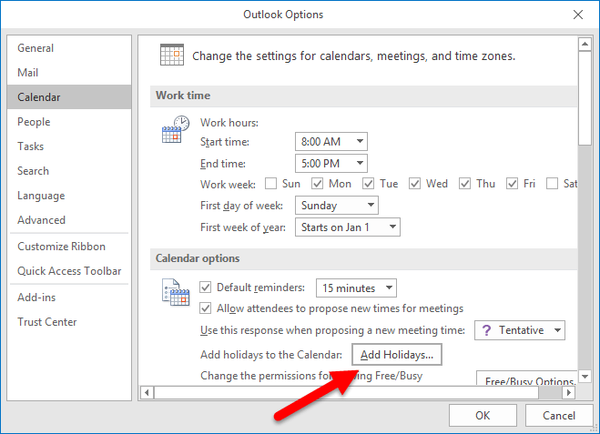 Outlook Options - Add Holidays
