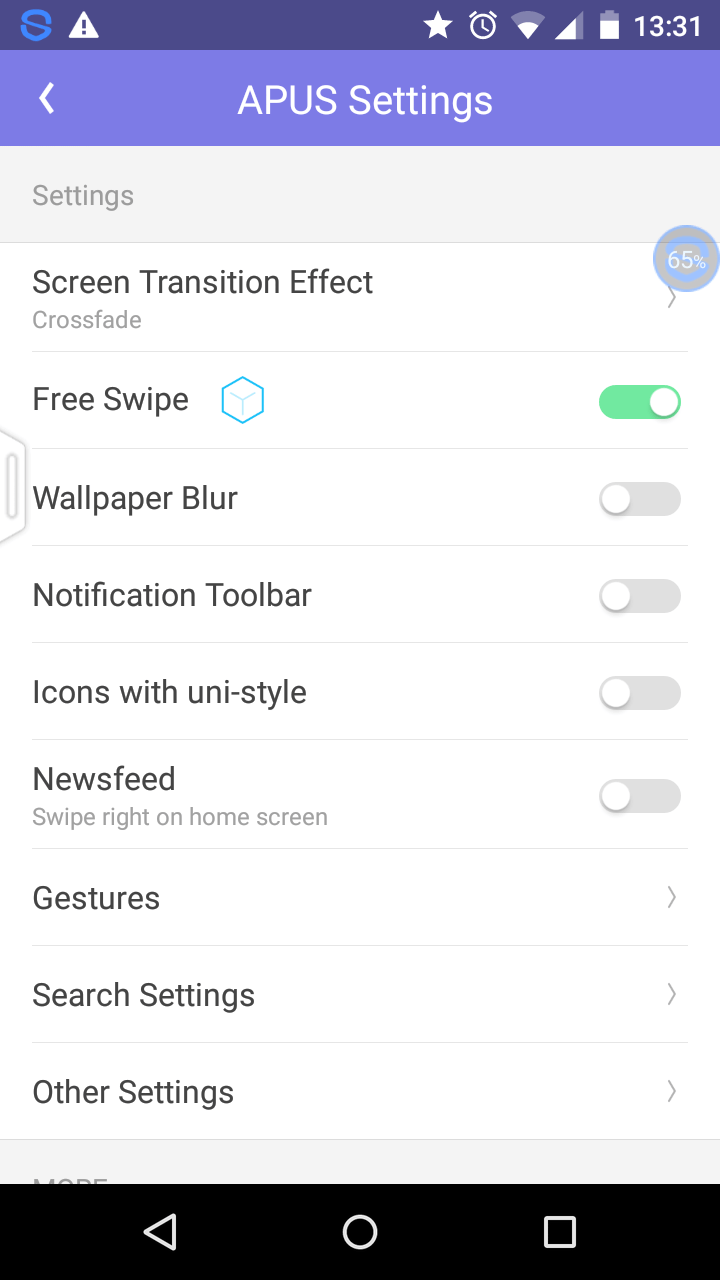 APUS Launcher Settings screen APUS Launcher Settings screen