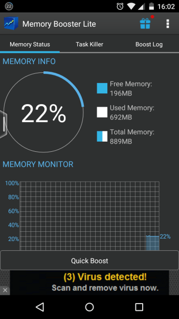 Memory booster app - memory status page