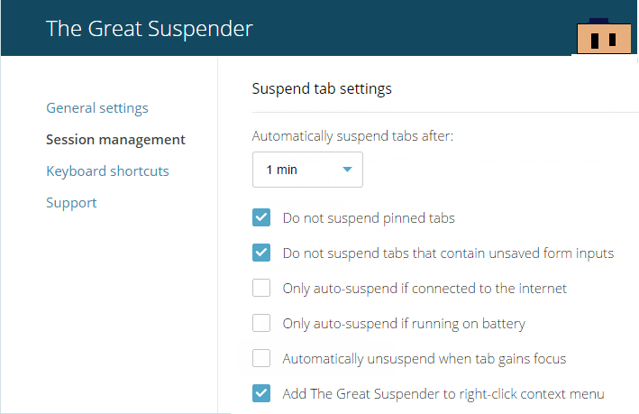 The Great Suspender general settings