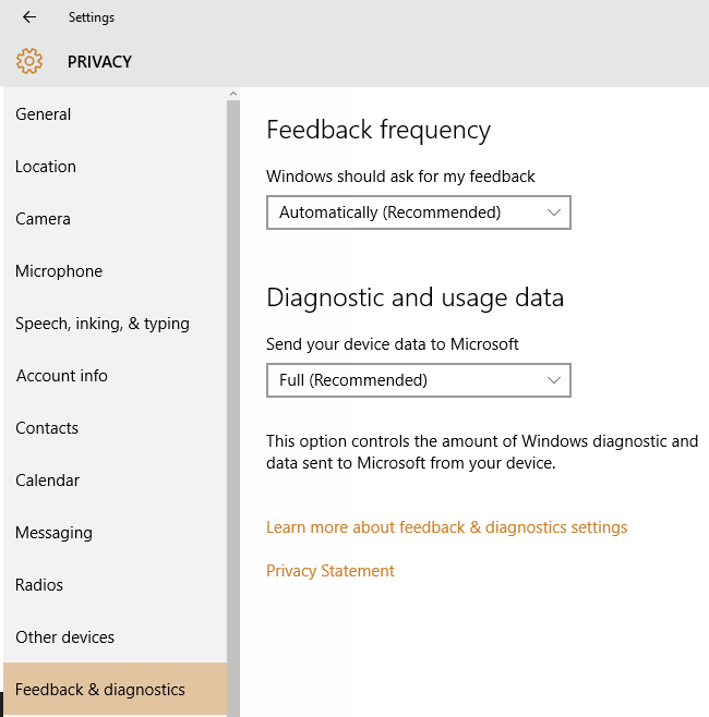 Feedback privacy settings in windows 10