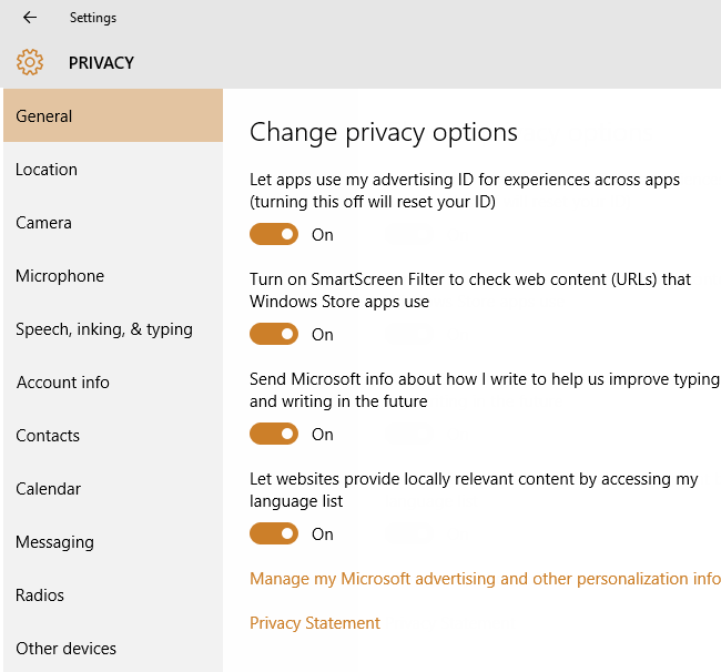 General Privacy Settings in windows 10