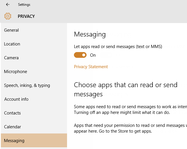 Messaging Privacy Settings in Windows 10