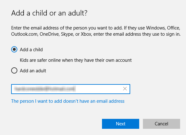 Windows 10 user accounts - add a child account