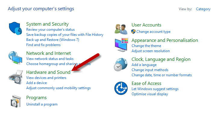 Hardware & Sound Settings in Windows 10