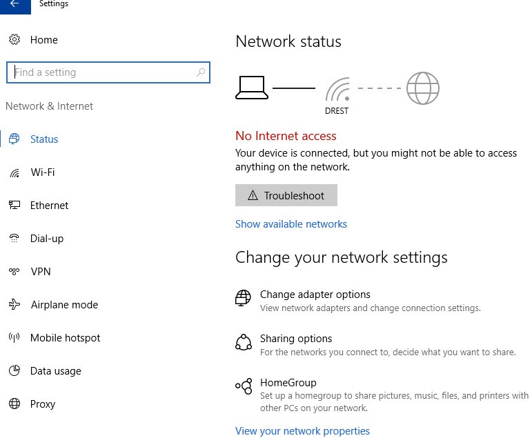 network status screen in windows 10