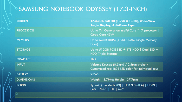 Samsung Notebook Odyssey Tech Specs 17.3 inch