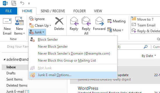 Junk email options in outlook 2013
