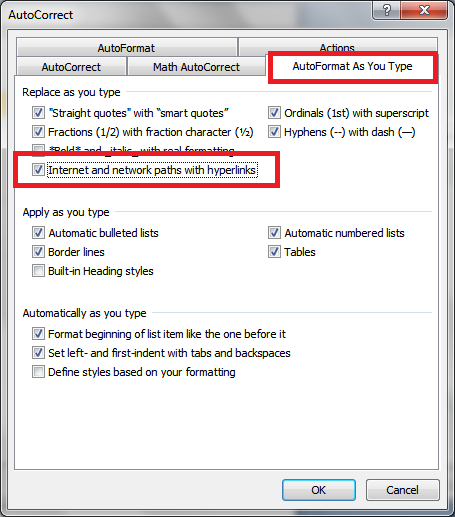 autocorrect - Turn Off Automatic Hyperlinks in Word