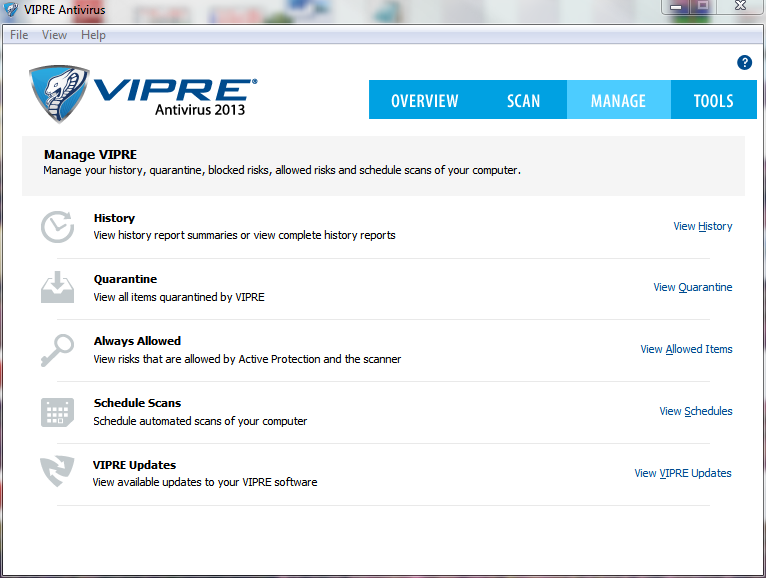 vipre manage tab