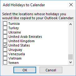 Add Holidays to Calendar dialog