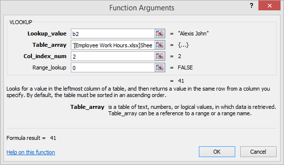lookup function arguments dialog