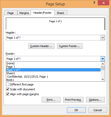 page setup dialog to insert header and footer data in excel
