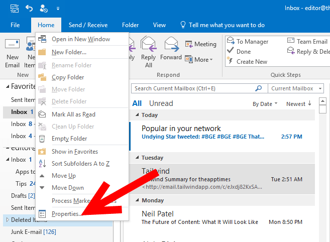 Deleted Items Properties in Outlook