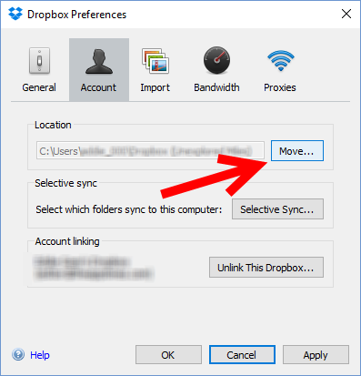 Dropbox Preferences to move dropbox folder
