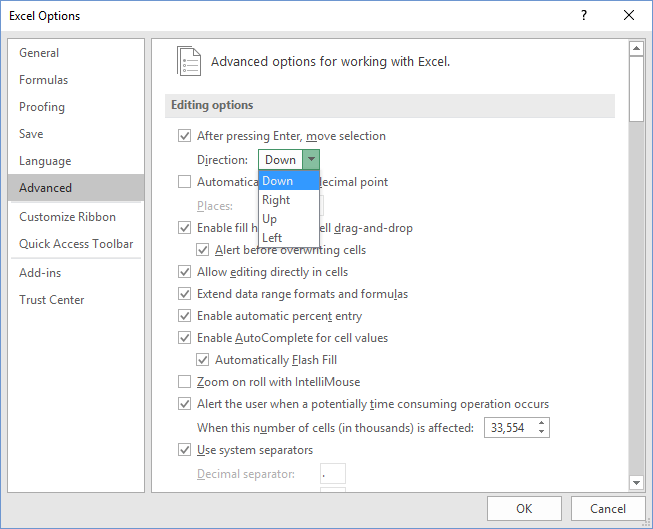 How to Modify the Behavior of Enter key in Excel