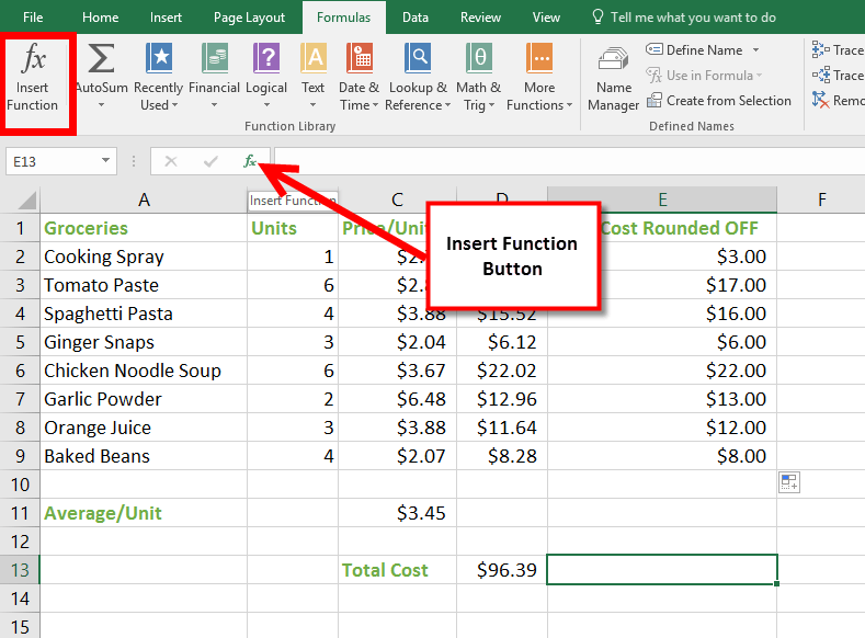how to do a function in excel to replicate the whole shopping bill