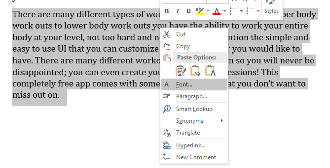 Font context menu