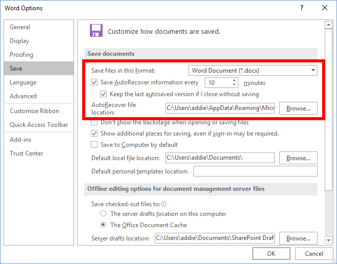 Word Options dialog box Save tab