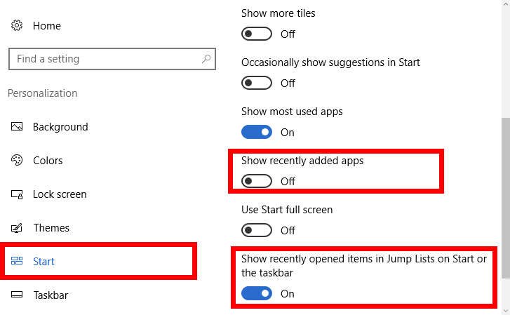 How to Turn off Show recently added apps