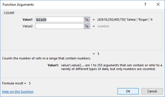 Function Arguments for Excel Count Function