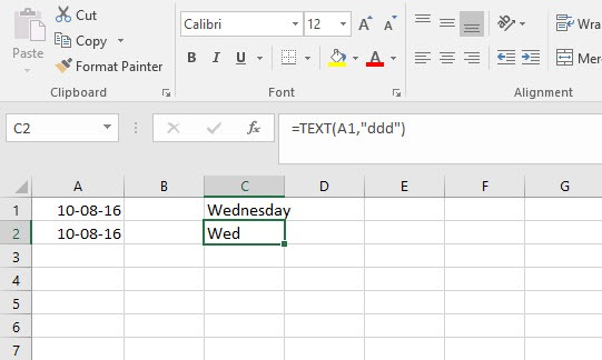 how to get the name of a day from a date in excel abbreviated name