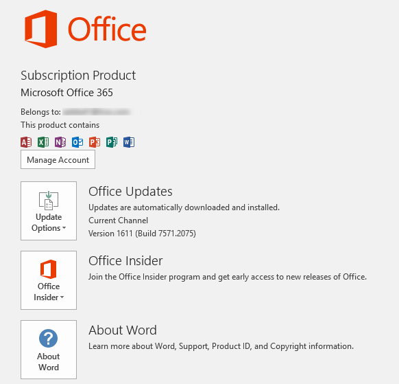 Office Version details