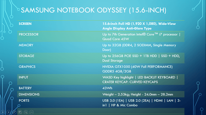 Samsung Notebook Odyssey Tech Specs 15.6 inch