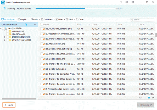 Scan results in EaseUs Data Recovery Wizard