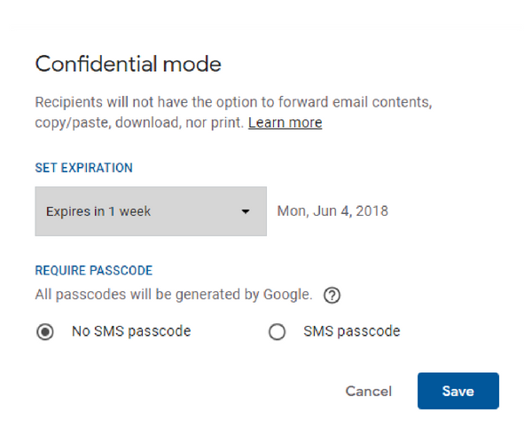 Gmail Confidential Mode settings