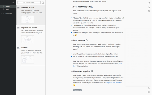 Bear Writing App for Mac Interface
