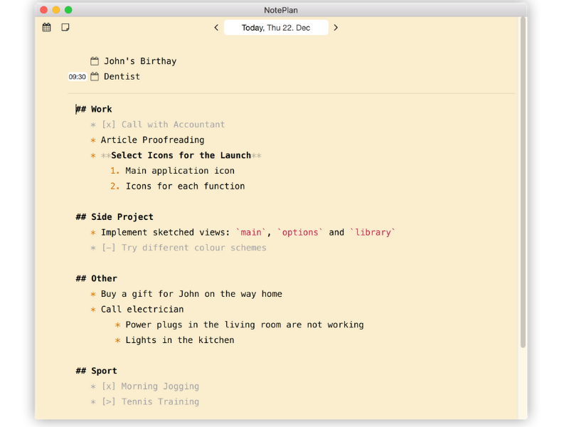 NotePlan for Mac - Notes View