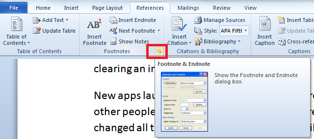 footnote and endnote dialog box launcher