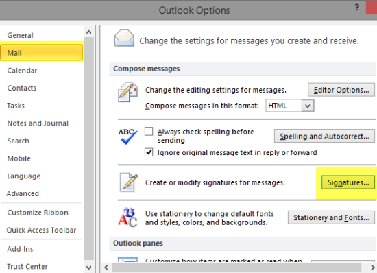 setup html email signature outlook 2010