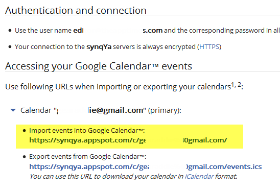 Synqya calendar URLs